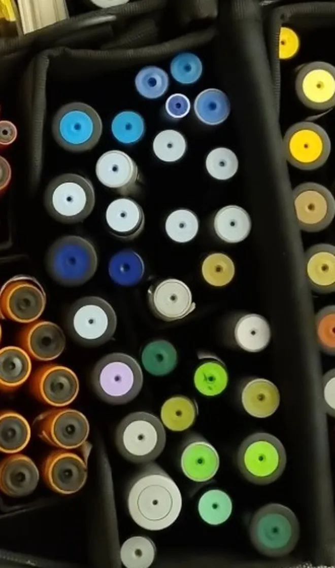 Un casier de valise vu de dessus, les culots colorés des marqueurs bien visibles