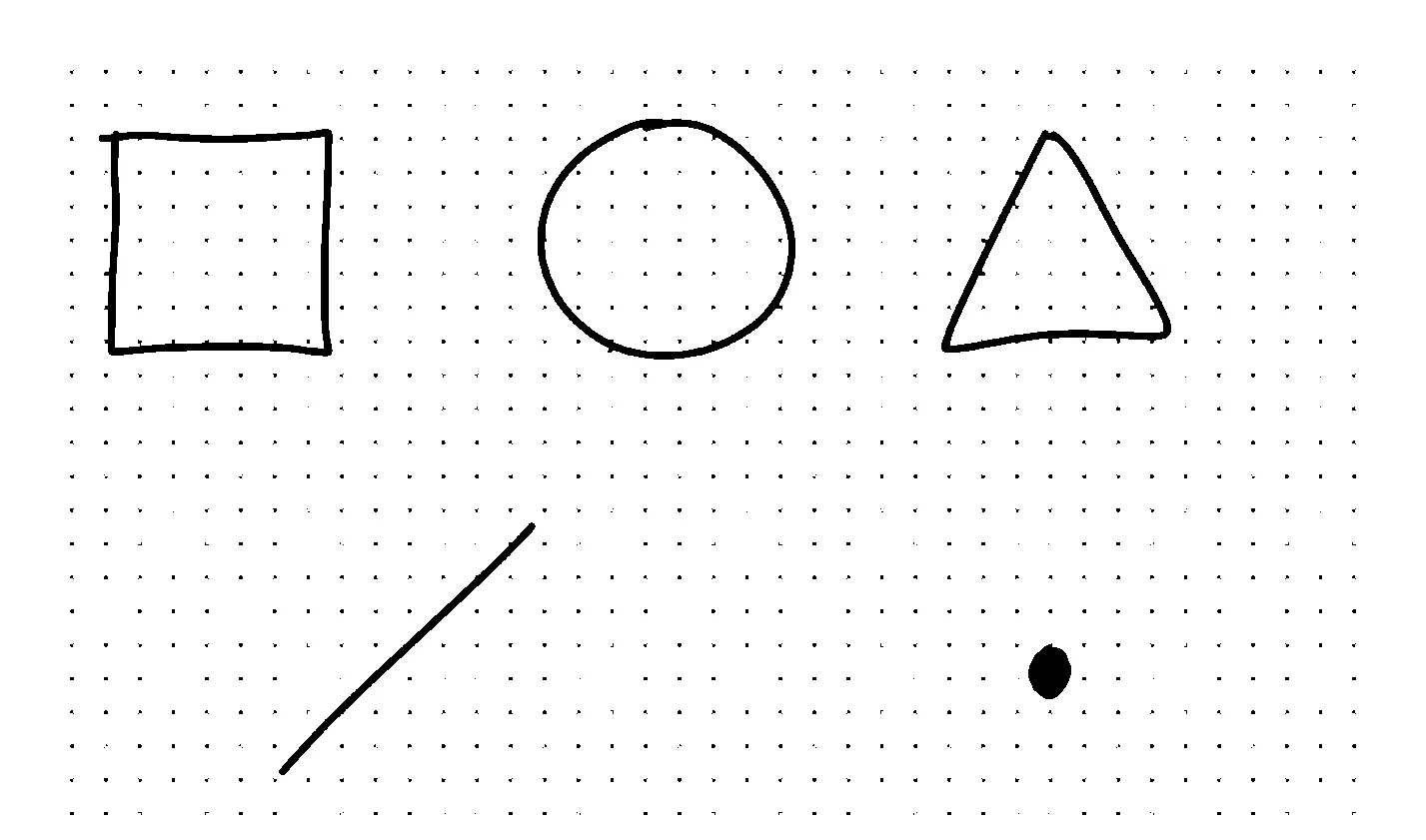 Les cinq formes de base tracées à la main sur une page pointillée du cahier d’exercices : un carré, un rond, un triangle, un trait et un point