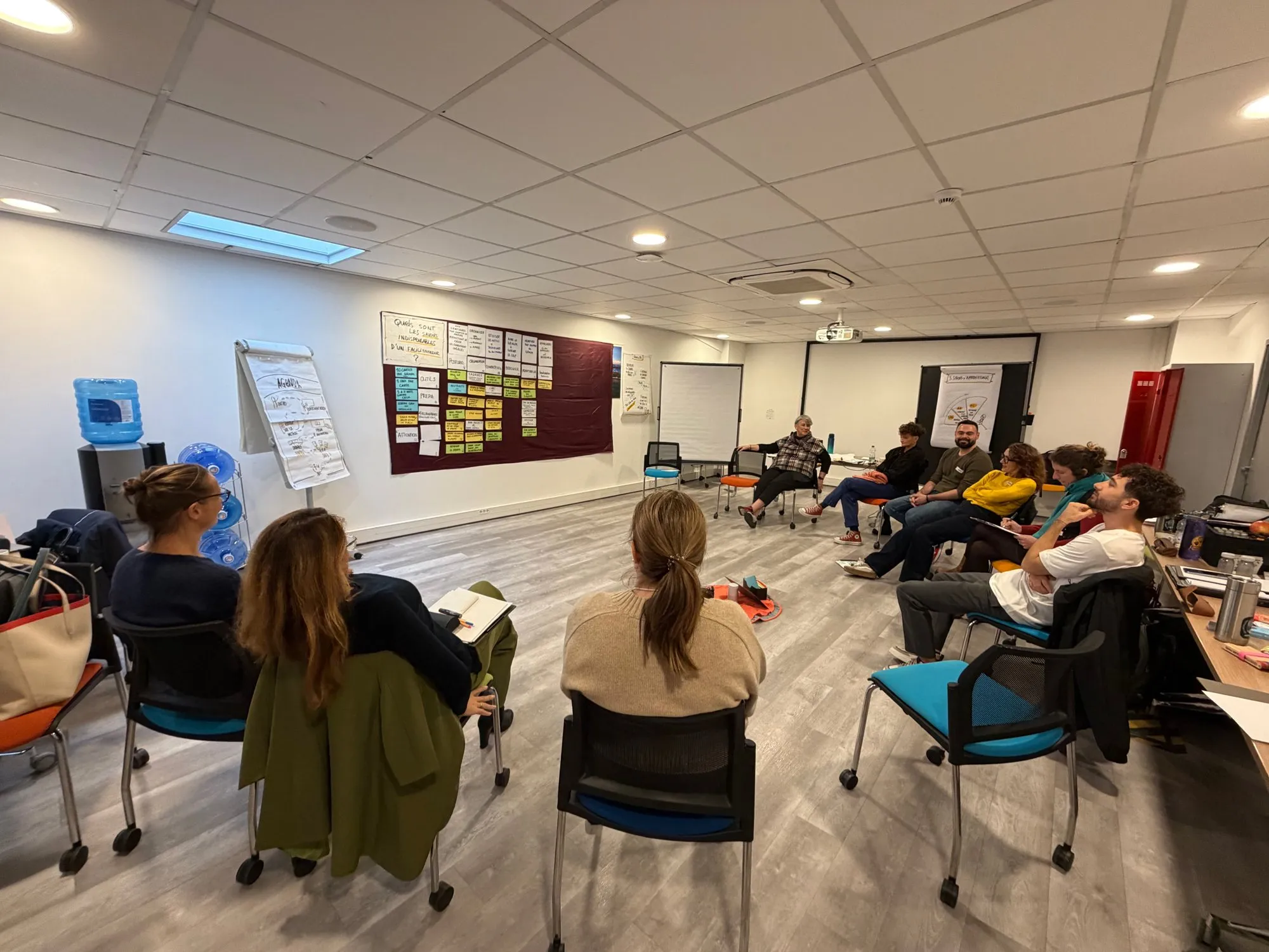 Le groupe assis en cercle dans la salle, vu de dos, avec le mur d’affichage au fond