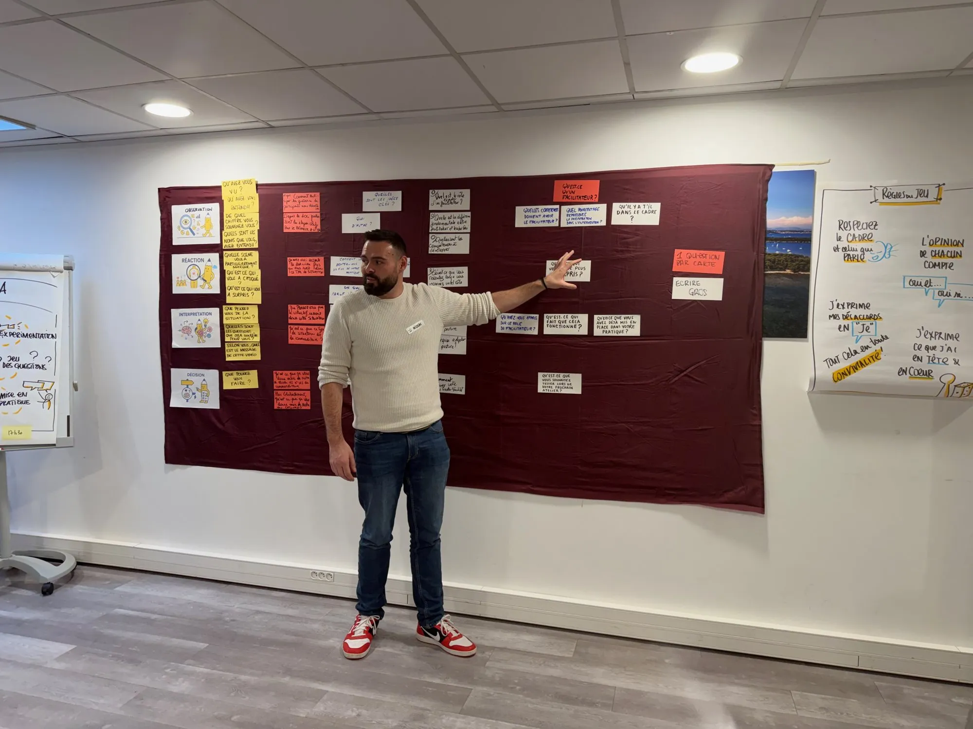 Nicolas Verdot debout devant un mur d’affichage où des questions sont rangées en quatre lignes : observation, réaction, interprétation, décision