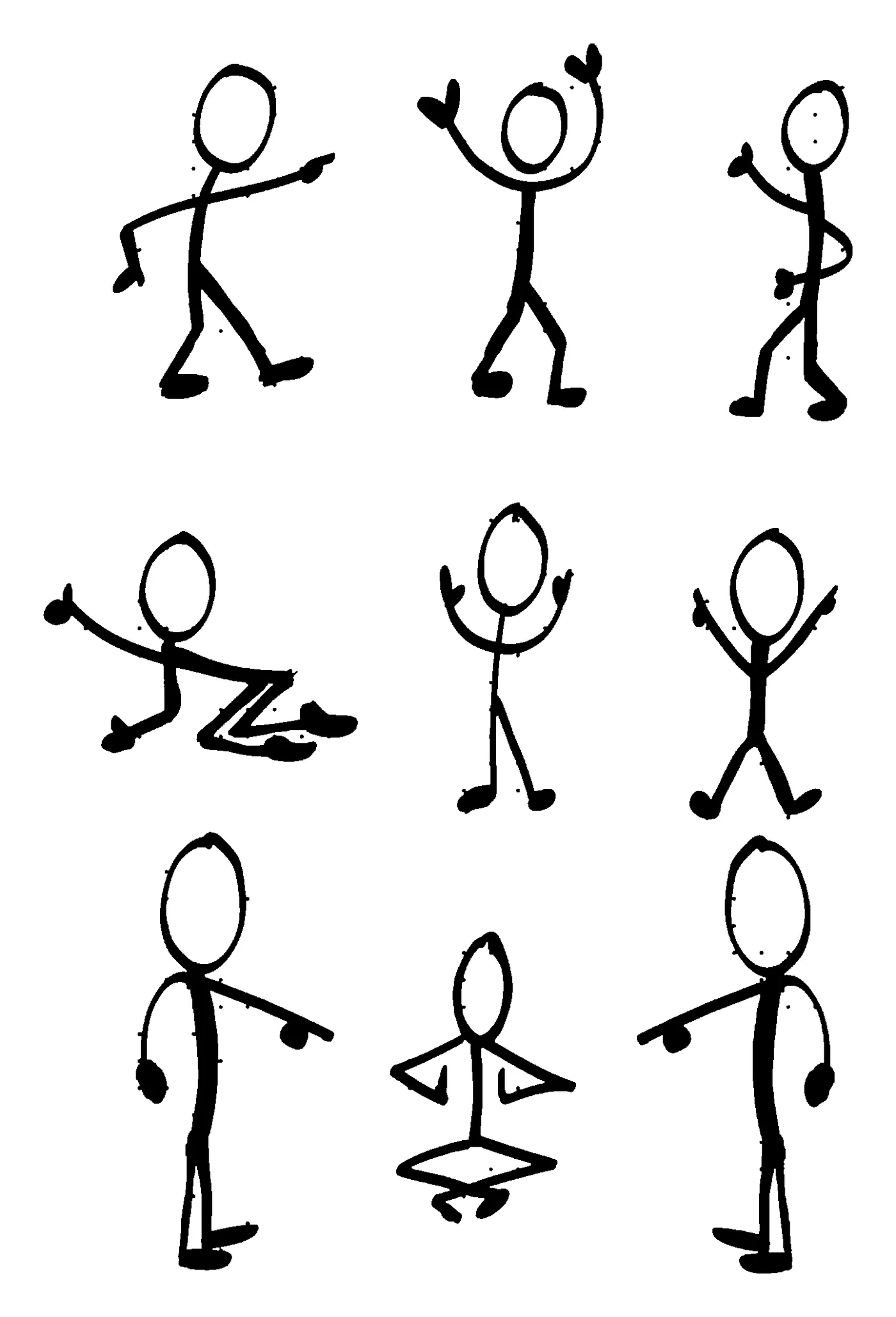 Neuf personnages en mouvement tracés au feutre épais : il court, il fête, il pointe du doigt, il tombe, il médite