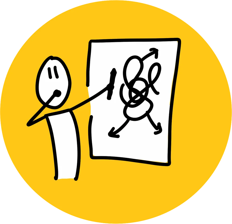Pictogramme dessiné à la main : un personnage présente sa planche à un autre