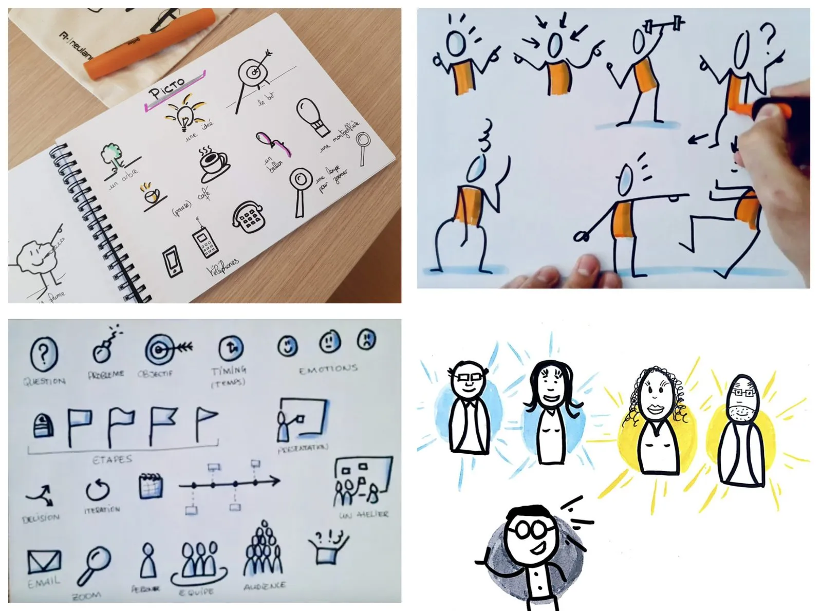 Des pages de carnets couvertes de pictogrammes et de personnages dessinés par des participants du bootcamp