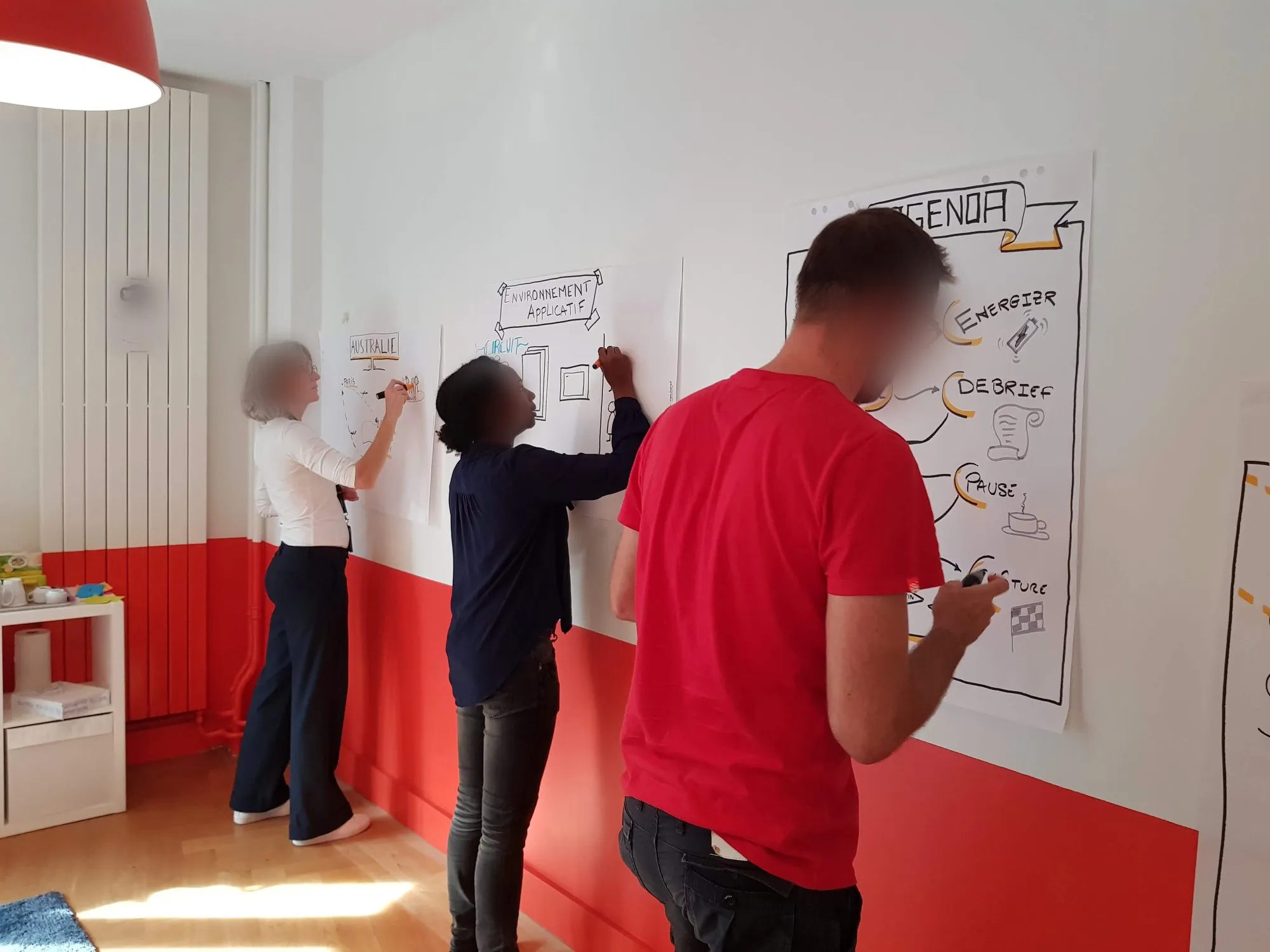 Trois participants debout, de dos, tracent chacun leur panneau sur une feuille de paperboard affichée au mur ; au premier plan, un agenda dessiné