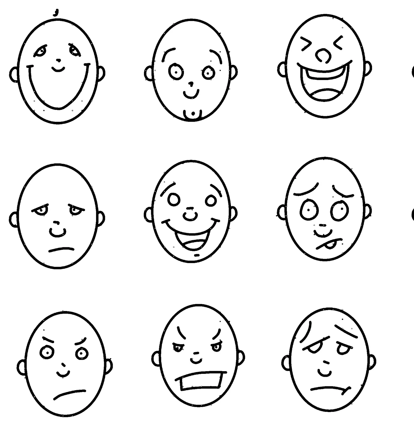 Neuf visages dessinés au feutre : la joie, le calme, le rire, la lassitude, l’enthousiasme, l’inquiétude, la colère, la rage, la tristesse