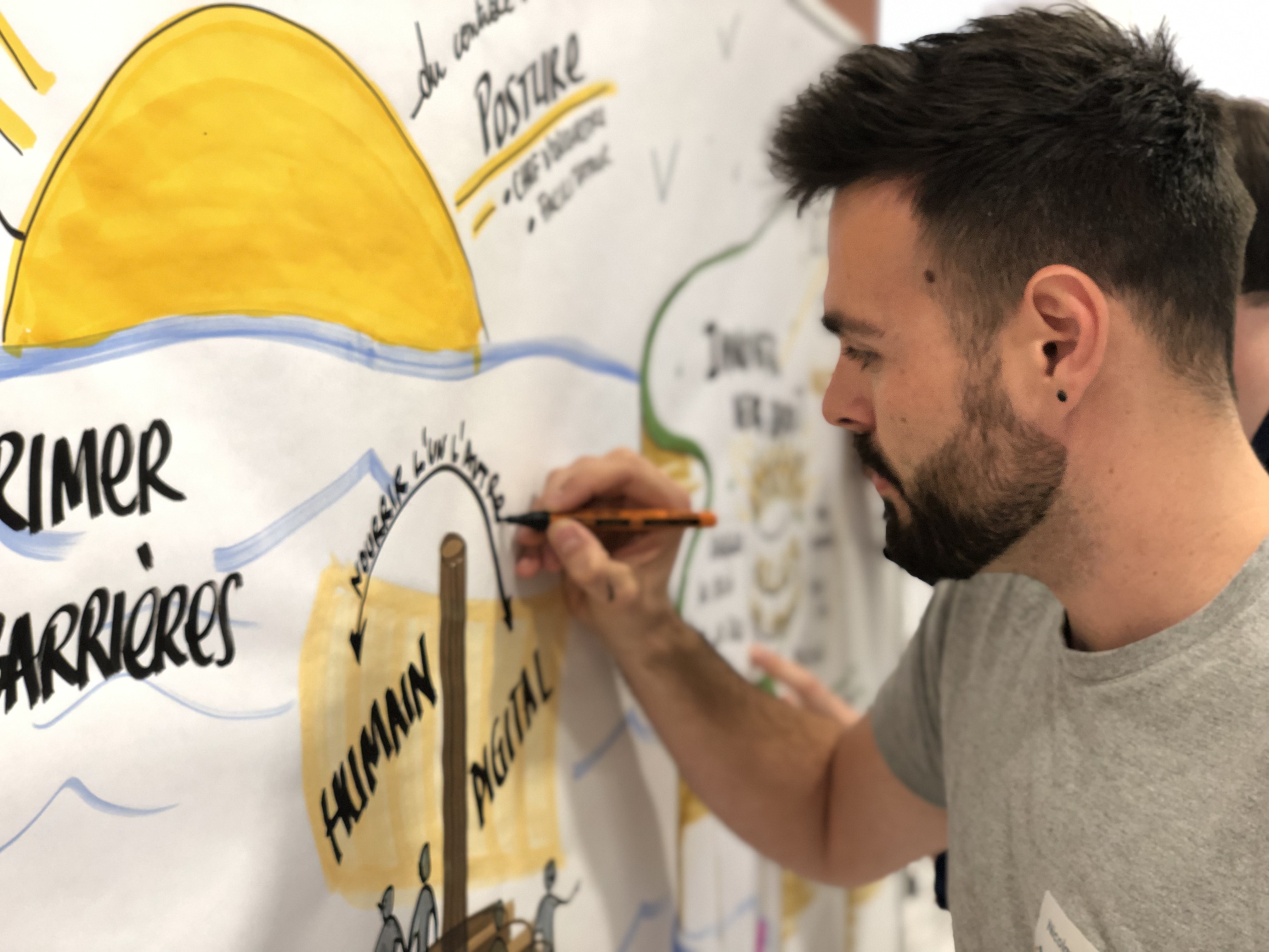 Nicolas VERDOT dessinant une fresque visuelle avec des mots clés et des illustrations colorées en direct.