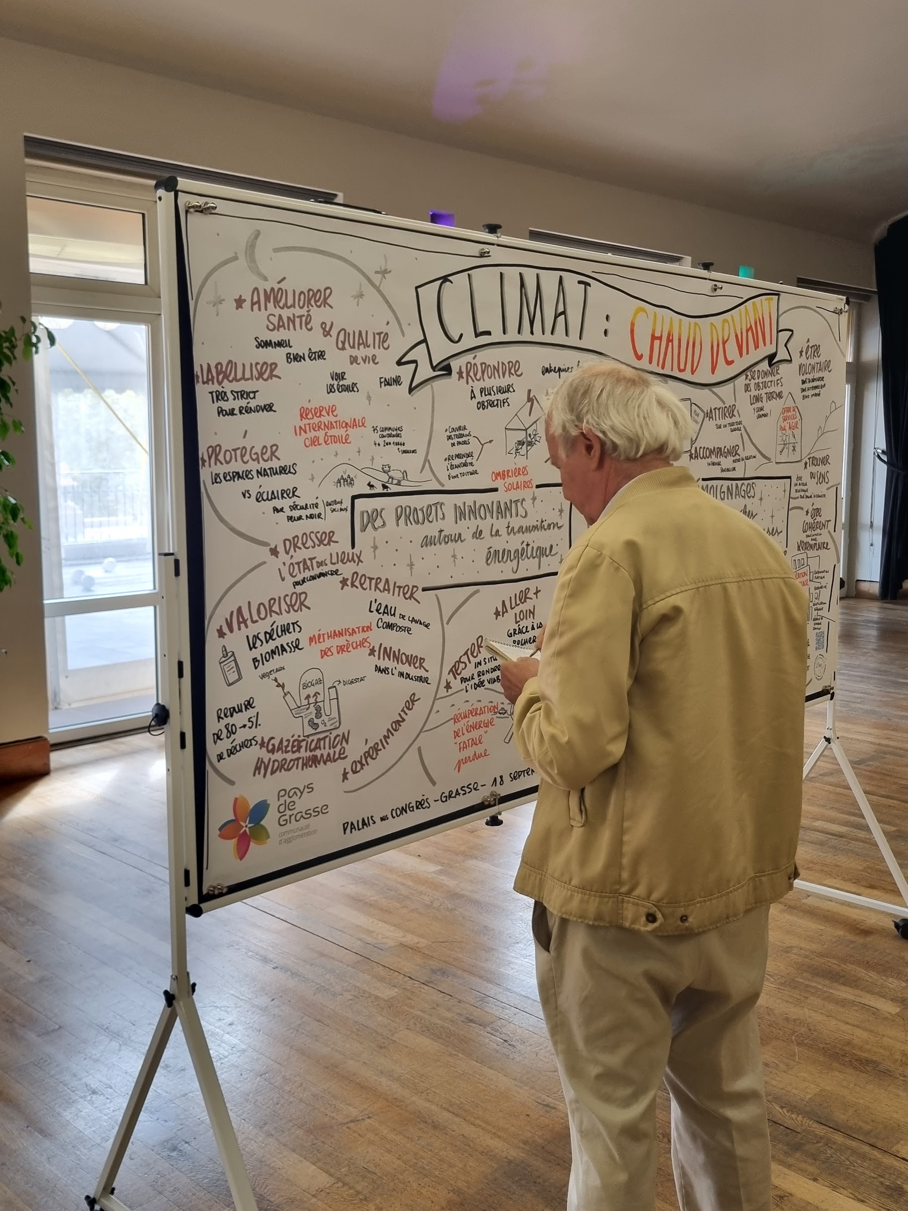 Personne observant une fresque de capture graphique sur le thème du climat lors d’un événement à Grasse.